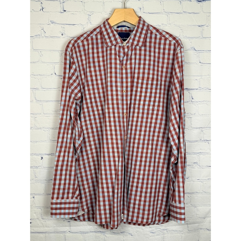 Tommy Bahama Mens Cotton Silk Gingham Check Button Down Shirt Red Blue Large